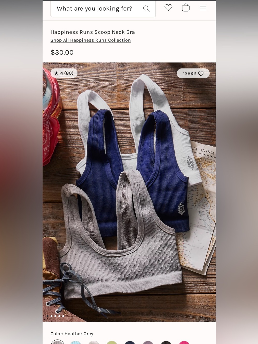 Happiness Runs Scoop Neck Bra Heather Grey NWT